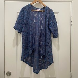 LuLaRoe Blue Lace Kimono Open Front Fairy Cardigan, Oversized Dainty Lace Top S